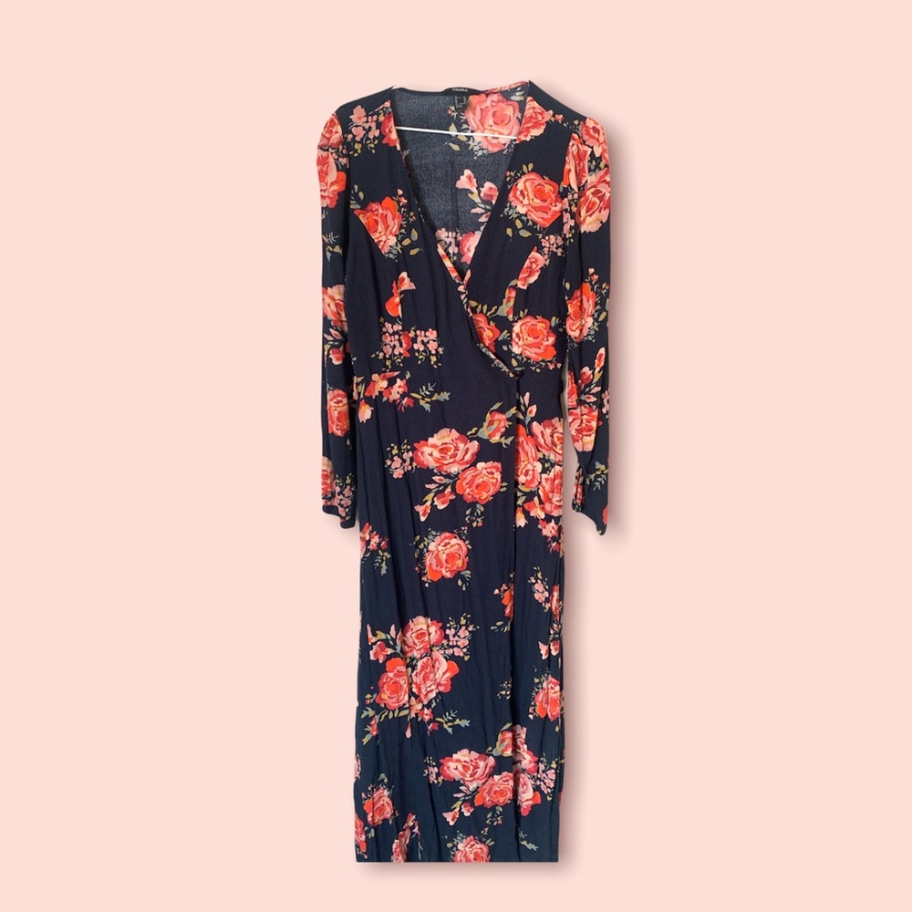 Floral print kimono robe - navy blue with flower design